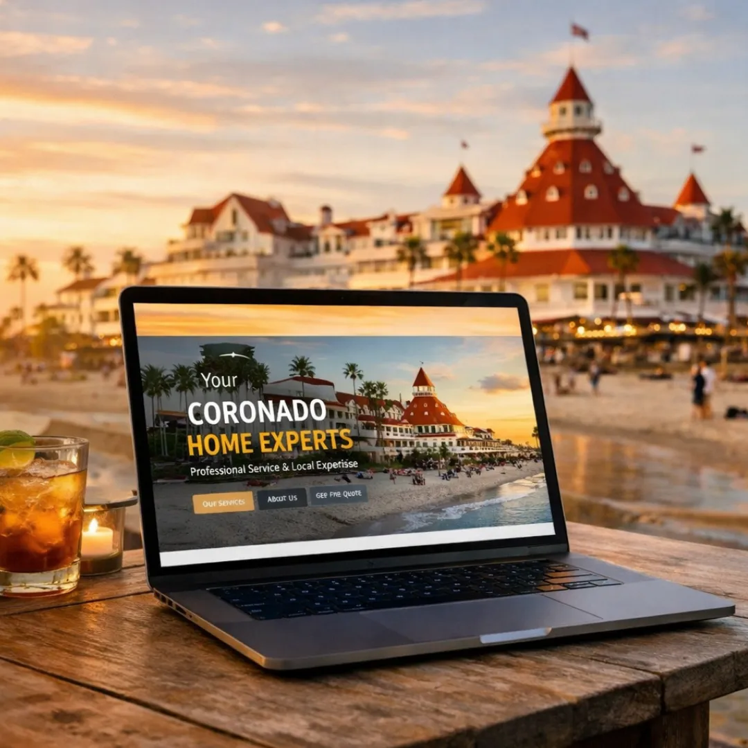 Laptop displaying a Coronado business website with Hotel del Coronado and beach in the background