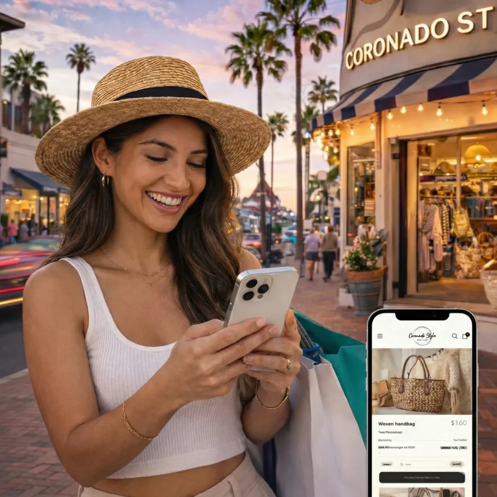 Young Latina woman shopping on her phone outside a local boutique in downtown Coronado, California.