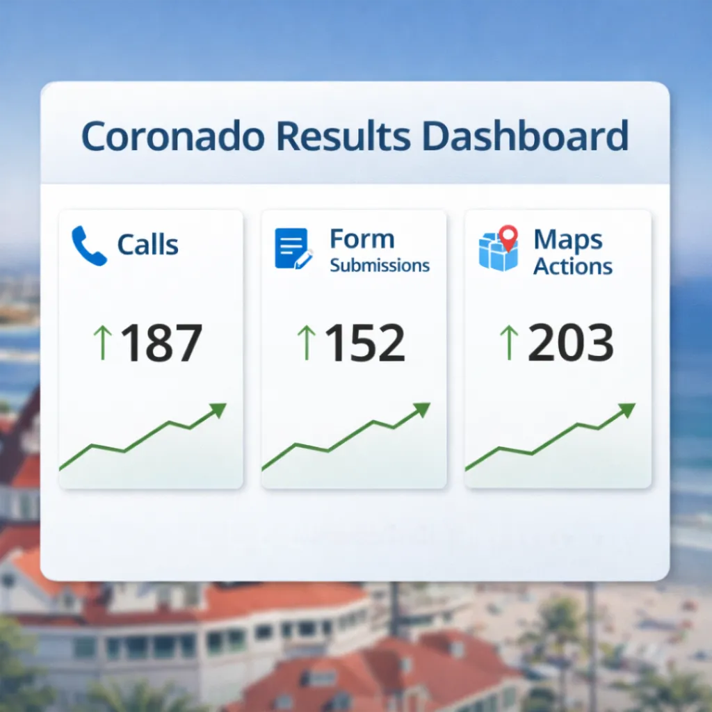 Coronado SEO results snapshot showing upward trends in calls, form submissions, and Maps actions