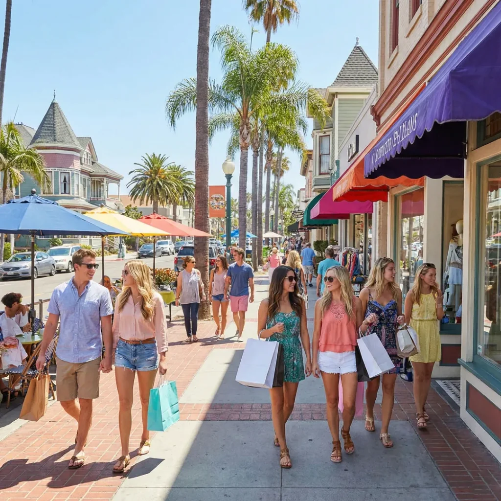 A sunny street scene featuring a group of young women and a couple walking on a sidewalk, carrying shopping bags. They are passing by boutique shops with colorful awnings. Palm trees line the street, and Victorian-style buildings are visible in the background under a clear blue sky.
