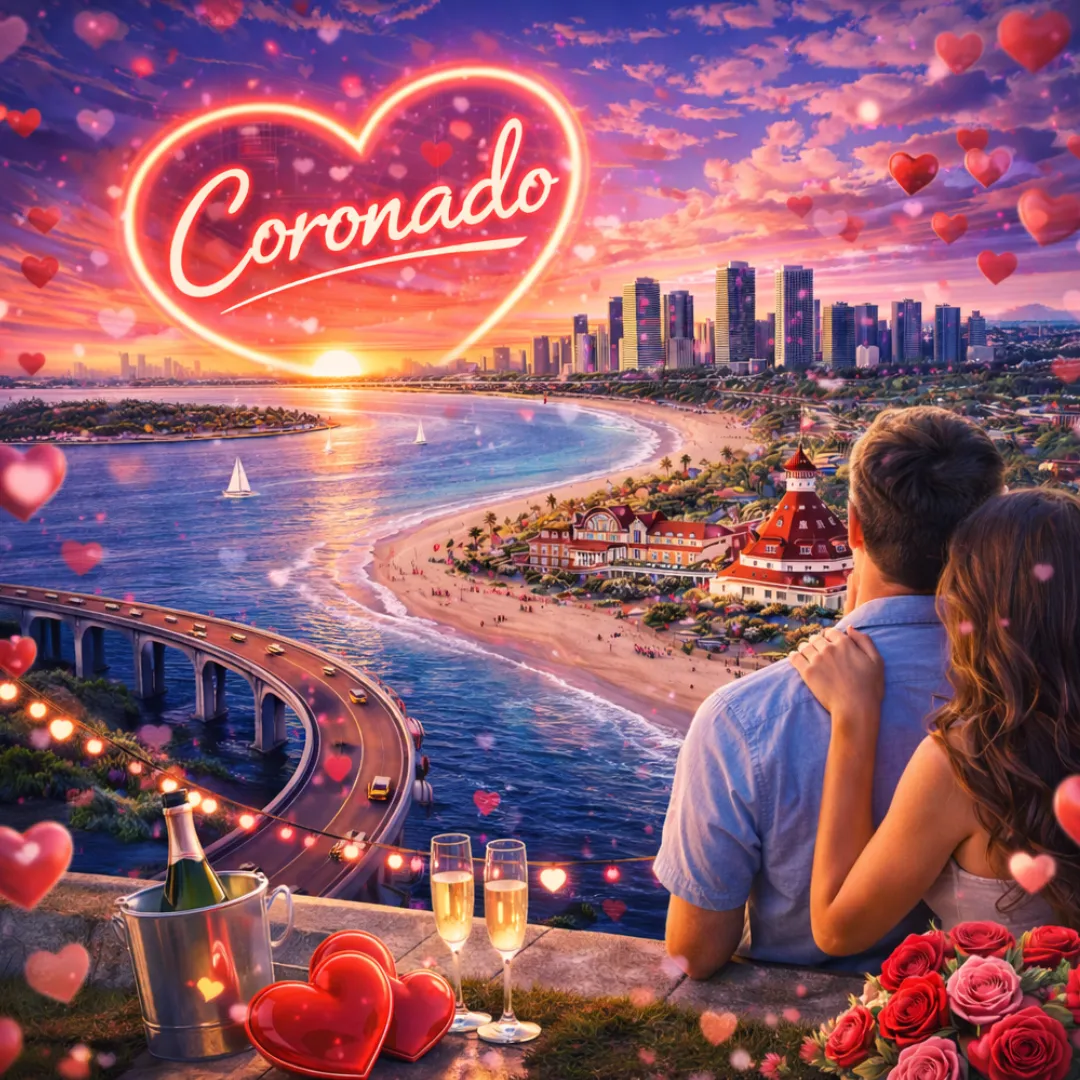Valentine’s sunset view of Coronado Beach and Hotel del Coronado with romantic decorations.