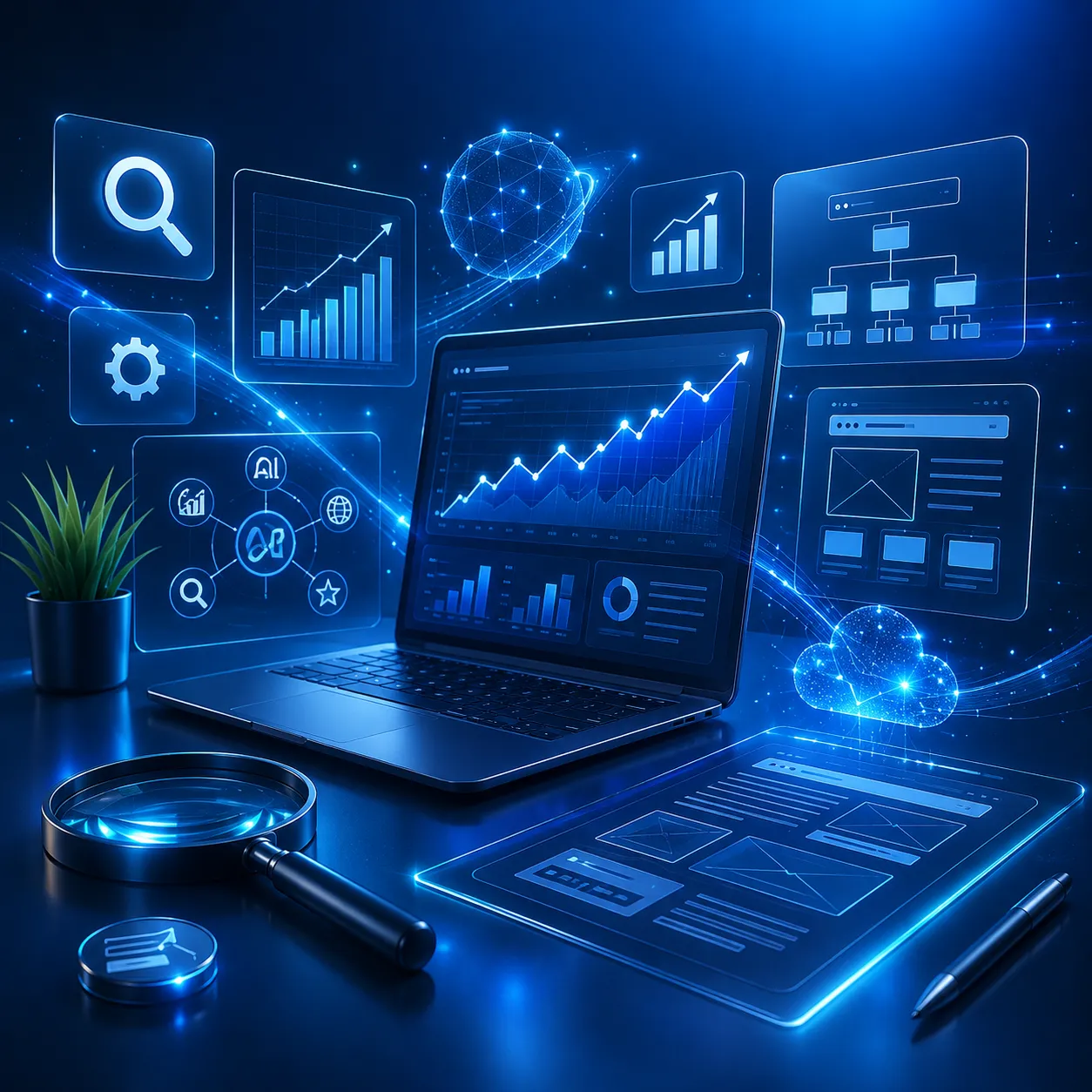 SEO digital strategy workspace with analytics and website planning visuals